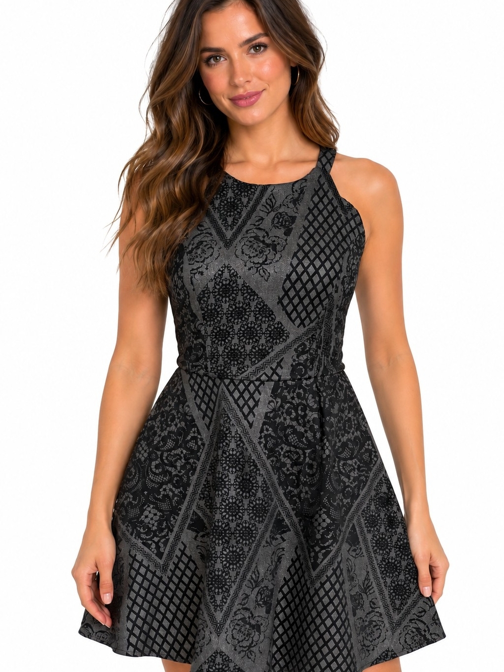 Trixxi Black & Gray Patterned High-Neck Fit & Flare Mini Dress